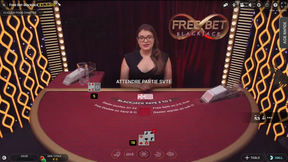 Table Free Bet Blackjack avec croupier en direct Free Bet Blackjack en Live