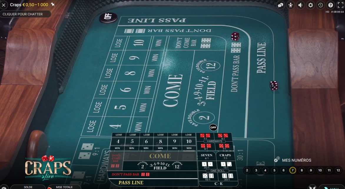 Table de craps en ligne d'Evolution